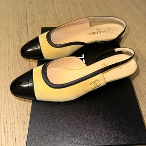 Chanel beige/black crystal CC suede sling back 38.5